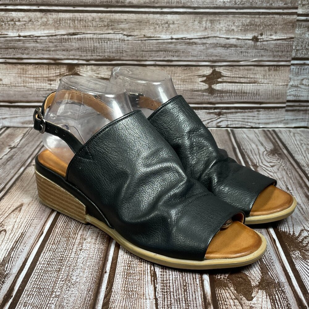 BONAVI SOFIA Womens 7.5 (EUR 38) Black Leather Wedge Ankle Strap Sandal Shoe EUC